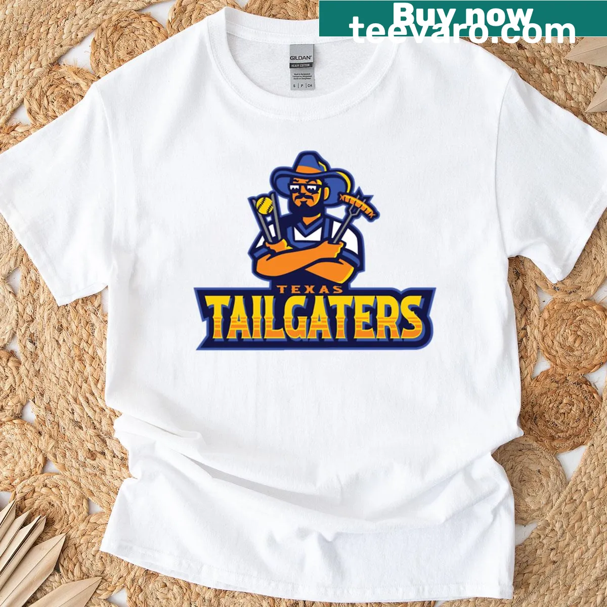Texas tailgating t-shirt featuring BBQ and sports theme graphic — on a men's t-shirt