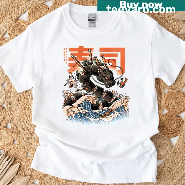 Illustration of a dragon intertwined with sushi elements on a t-shirt