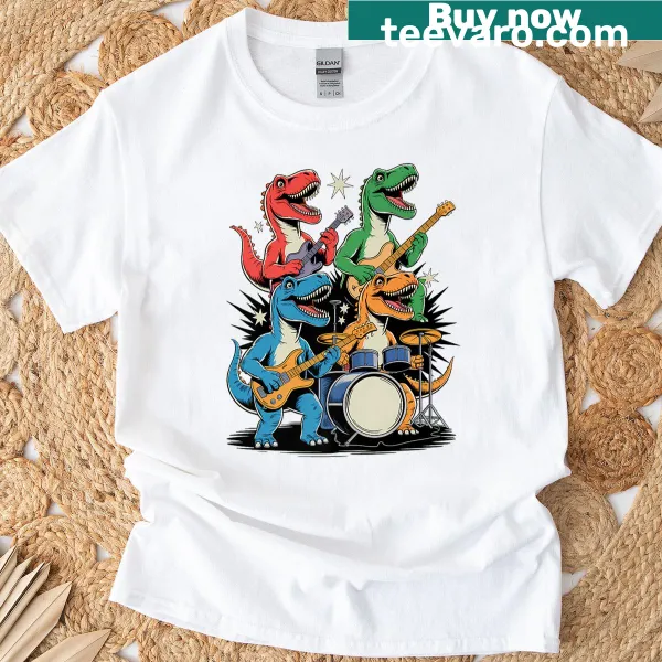 Funny dinosaur band t-shirt with playful illustrations