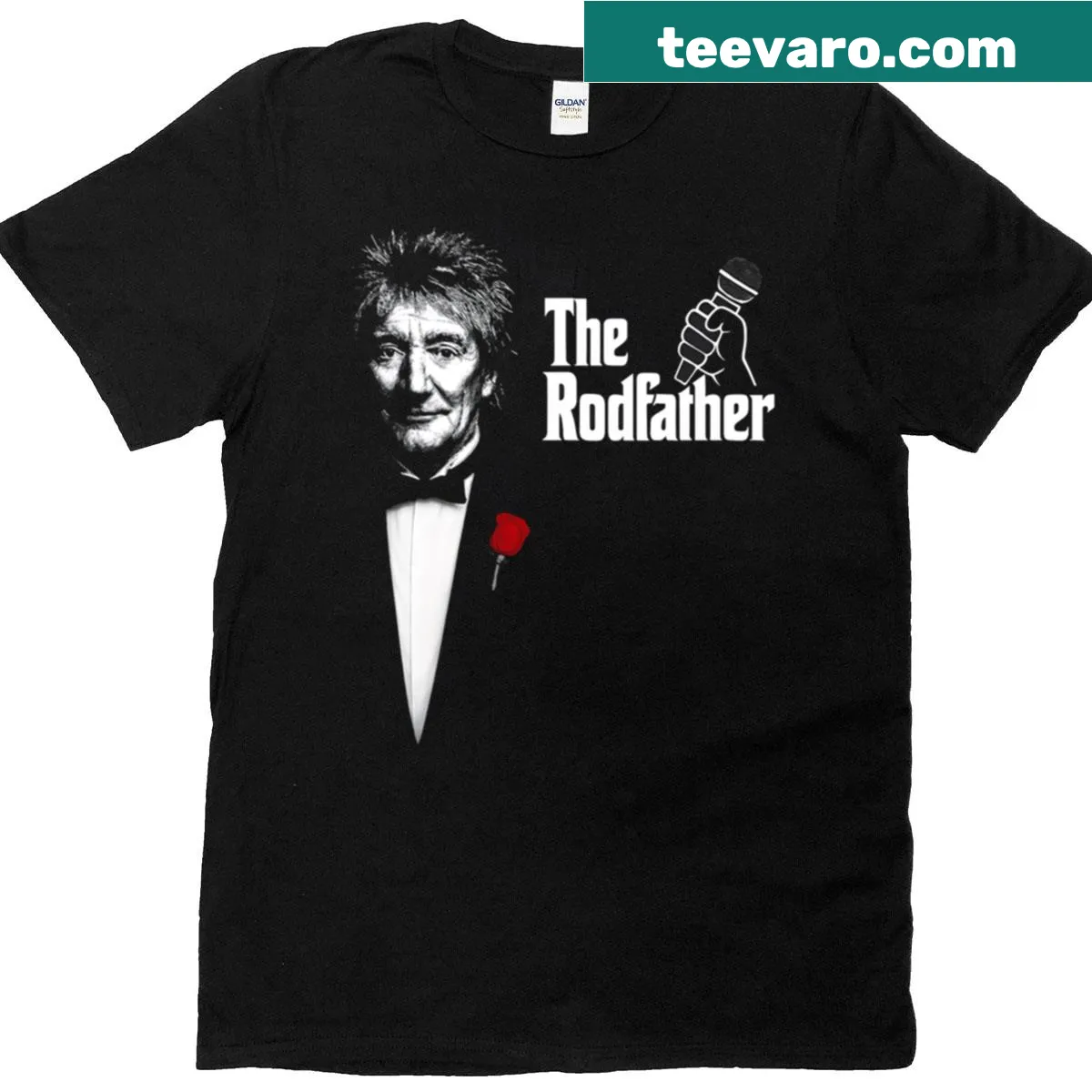 Parody design featuring 'The Rodfather' inspired by Rod Stewart and The Godfather. — on a men's t-shirt