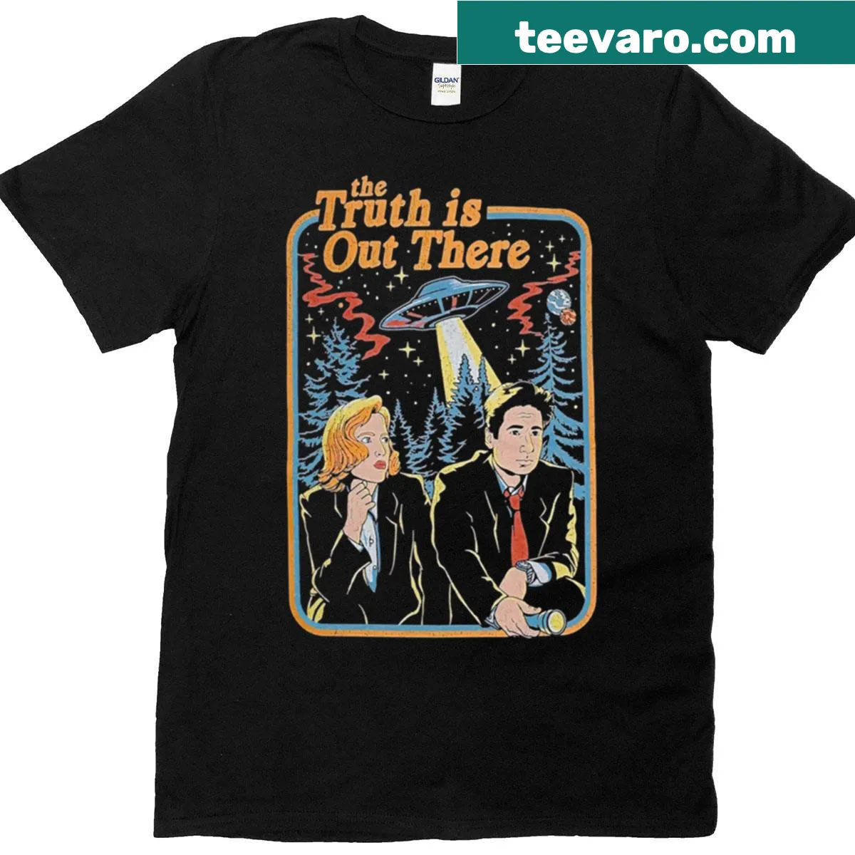 Funny X-Files t-shirt featuring the phrase 'The Truth Is Out There' — on a men's t-shirt