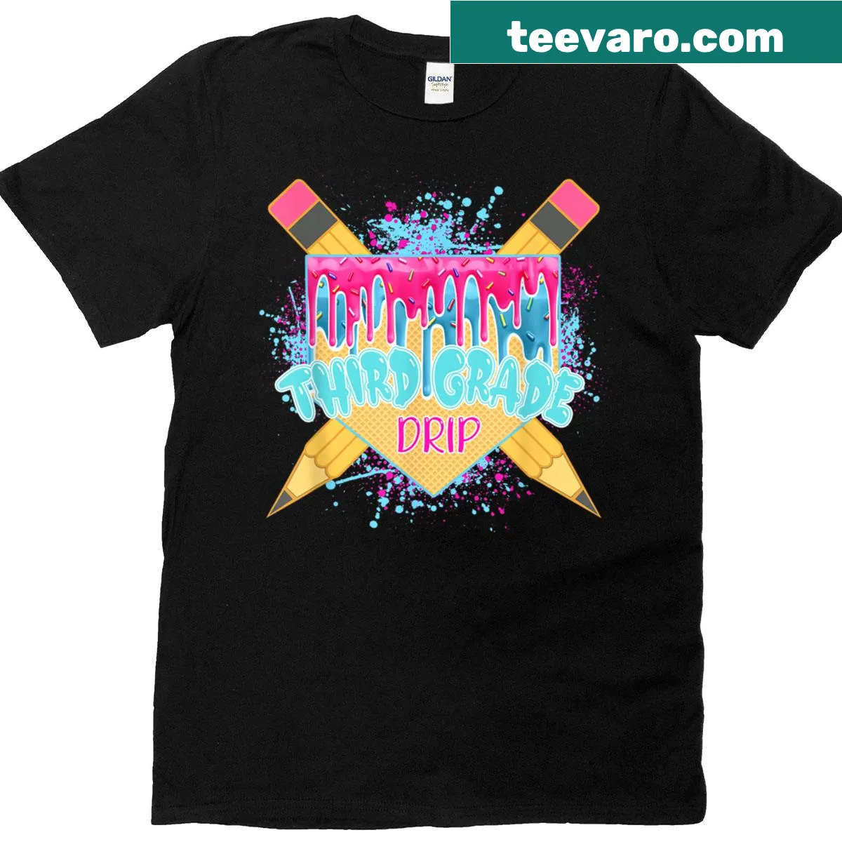 Casual shirt that celebrates third grade with the phrase 'Third Grade Drip' — on a men's t-shirt