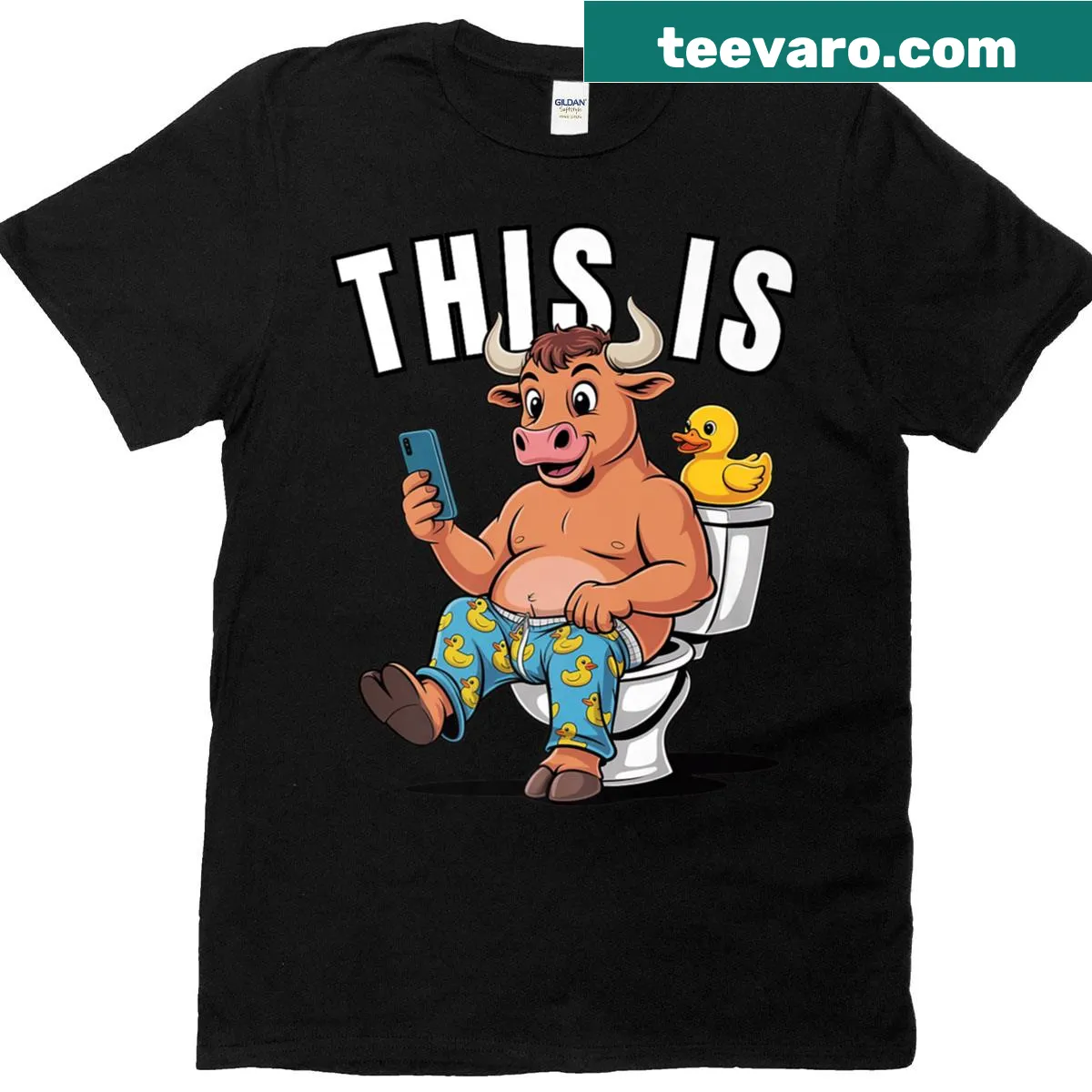 Sarcastic cow-themed T-shirt with humorous toilet text — on a men's t-shirt
