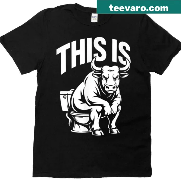 Funny cow toilet design with humorous text for men and women.