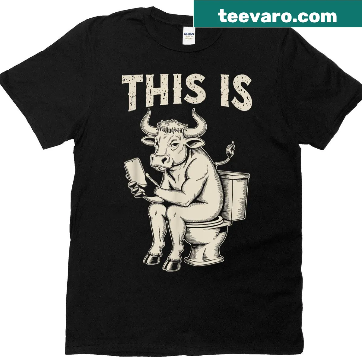 Funny cow-themed shirt with humorous text about toilets — on a men's t-shirt