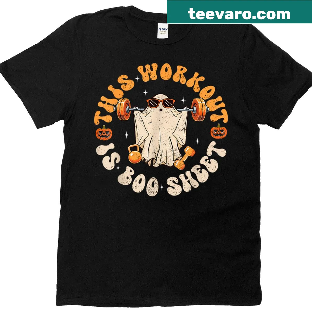 Halloween gym t-shirt with ghost design and funny slogan — on a men's t-shirt
