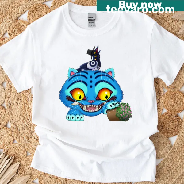Illustrated t-shirt with a tiger, bird, and vase design