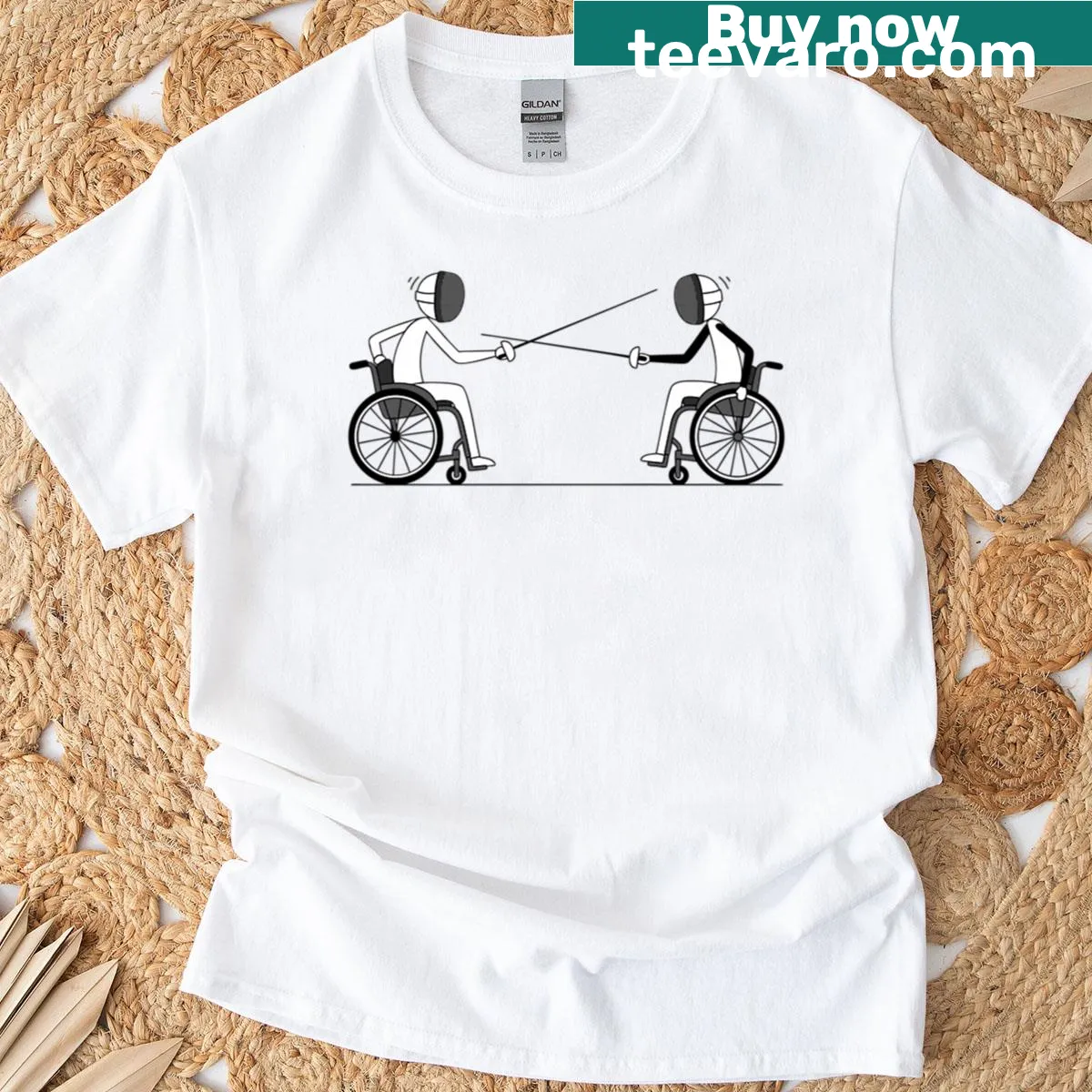 T-shirt with two wheelchair fencers facing each other in an Olympic match — on a men's t-shirt