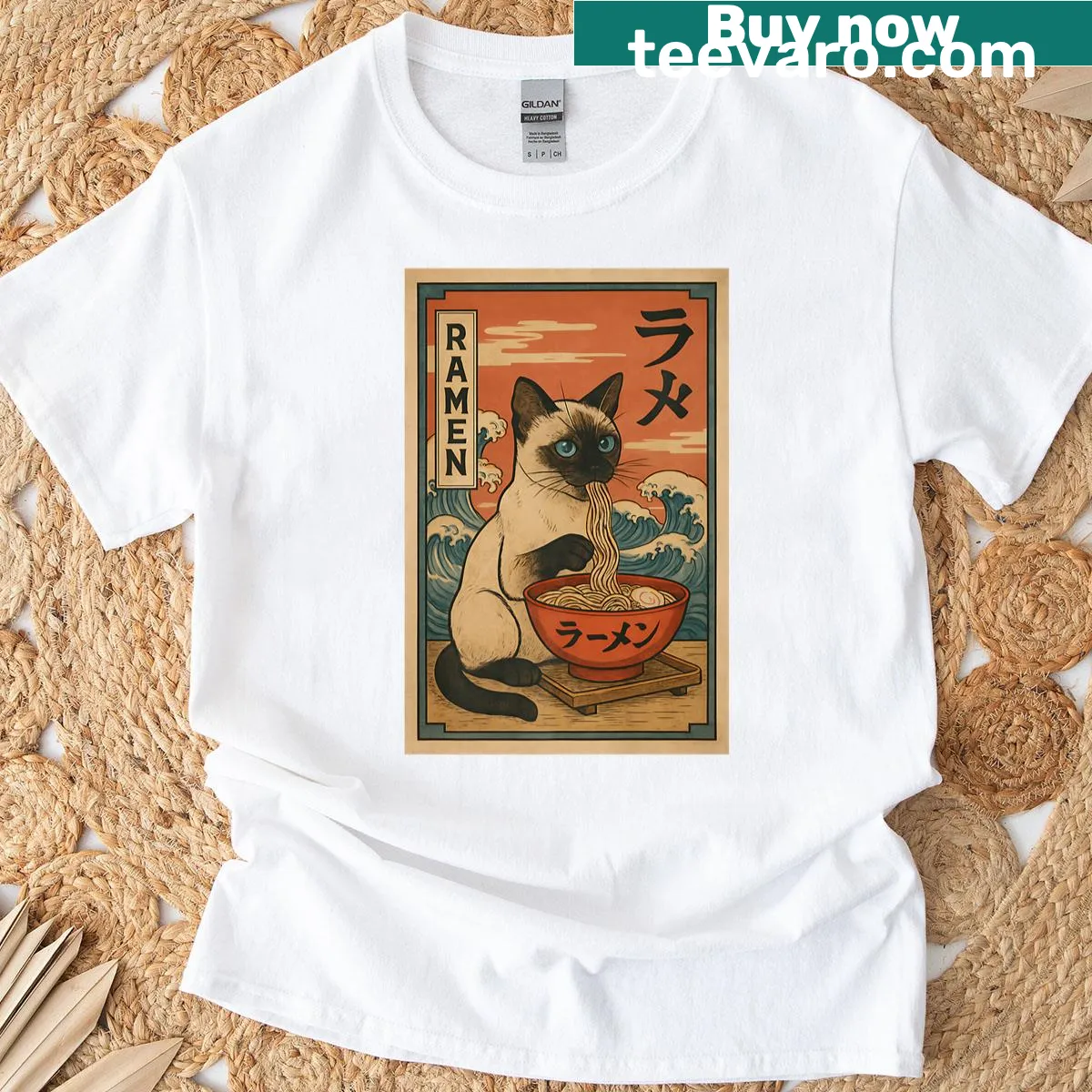 Ukiyo-e style t-shirt with a Siamese cat and ramen bowl — on a men's t-shirt