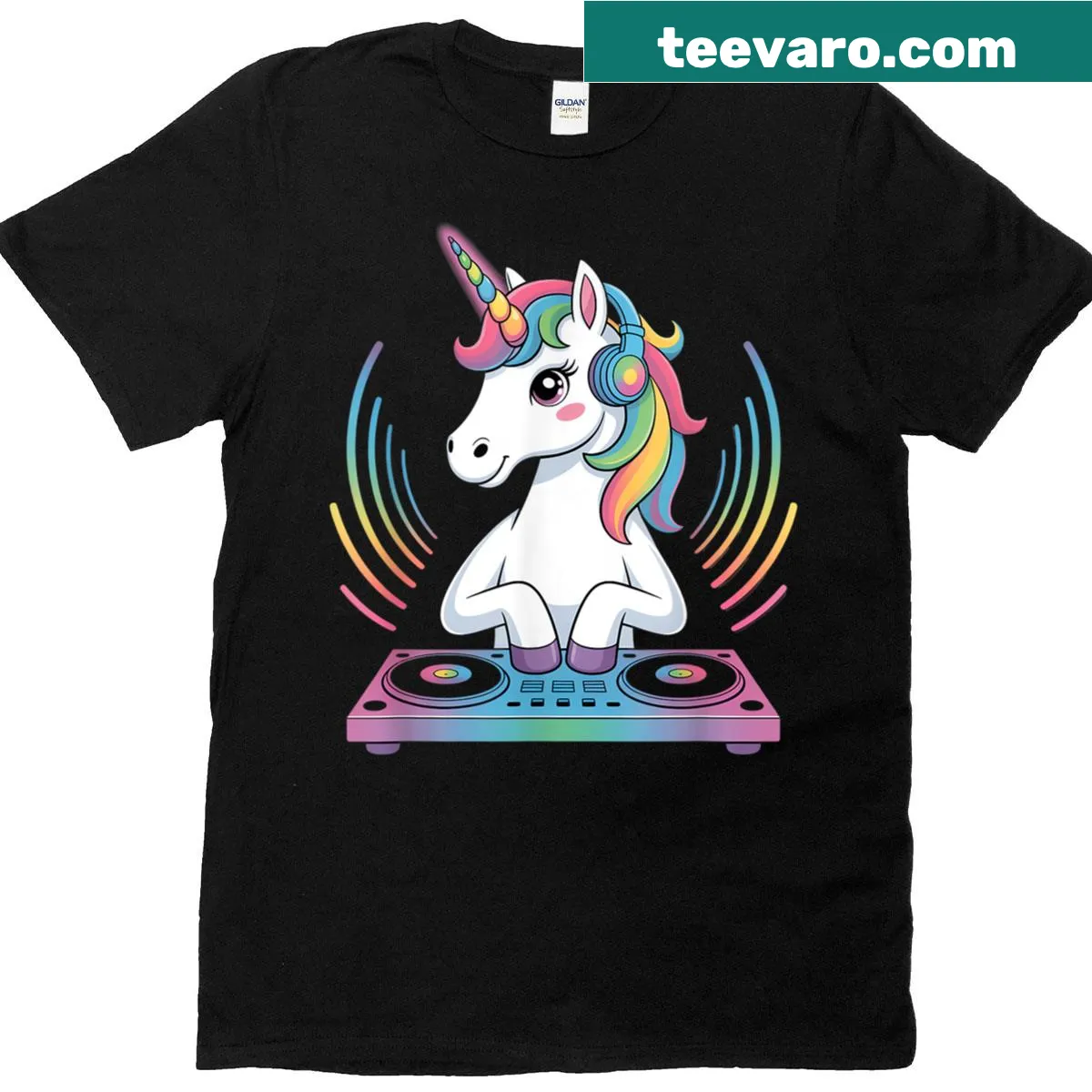 Playful T-shirt featuring a unicorn DJ and magical design — on a men's t-shirt