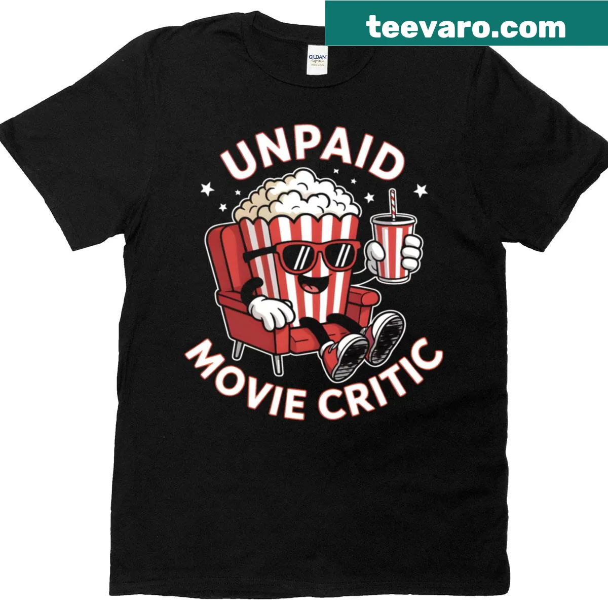 Retro art t-shirt with popcorn graphics and 'Unpaid Movie Critic' text — on a men's t-shirt