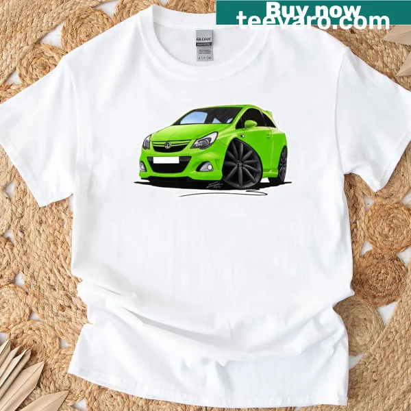 Lime green t-shirt featuring a Vauxhall Corsa VXR design.