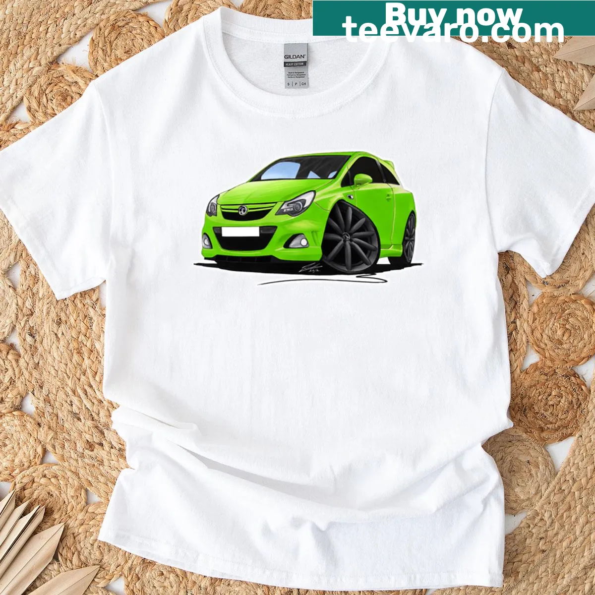 Lime green t-shirt featuring a Vauxhall Corsa VXR design. — on a men's t-shirt