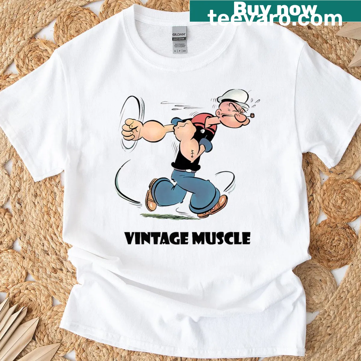 Vintage cartoon sailor T-shirt with pipe smoking design — on a men's t-shirt
