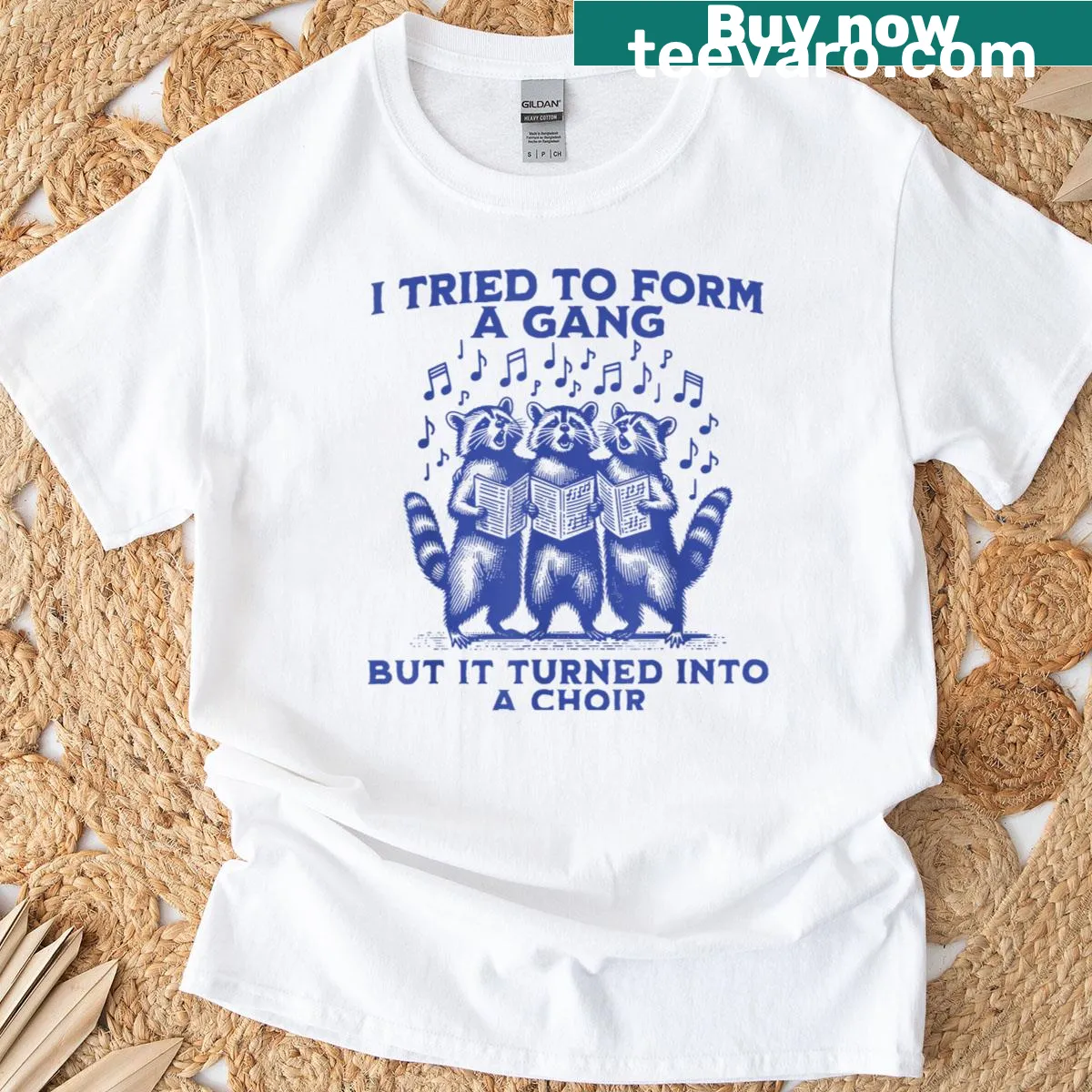 Vintage distressed T-shirt with raccoon choir graphic for music teachers — on a men's t-shirt