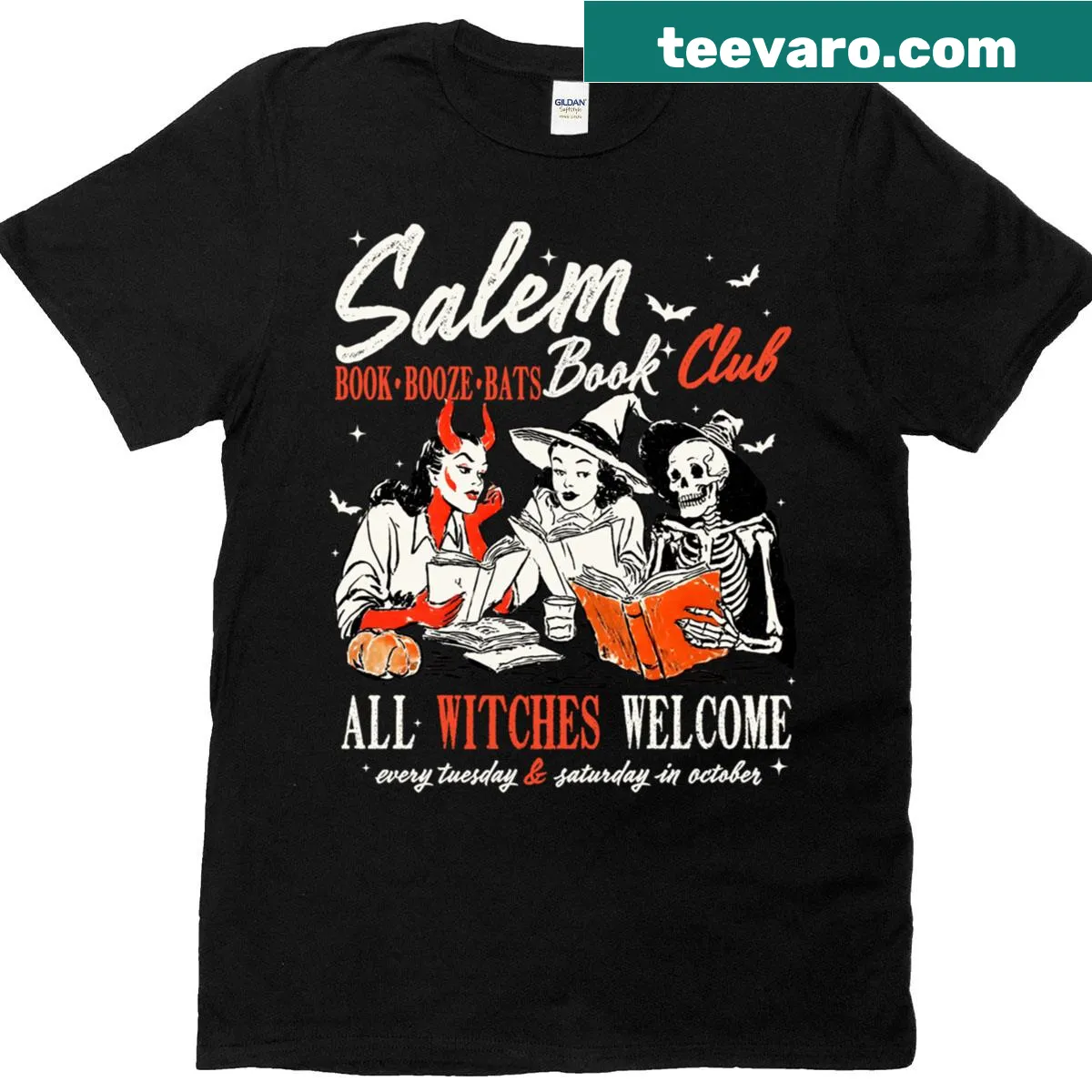 Vintage shirt featuring witchy book club design for Halloween — on a men's t-shirt