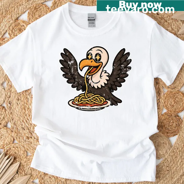 Cartoon T-shirt featuring a vulture with pasta design