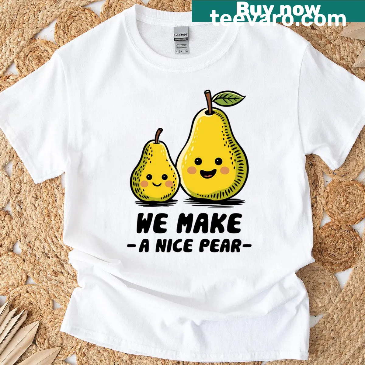 Illustrated cute pear design with text 'We Make A Perfect Pear' — on a men's t-shirt