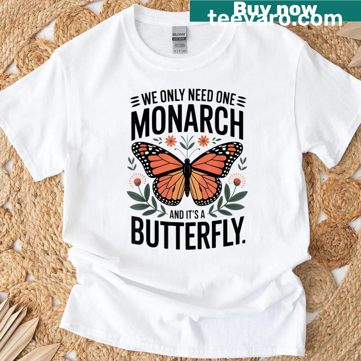 T-shirt featuring a humorous monarch butterfly graphic. — on a men's t-shirt
