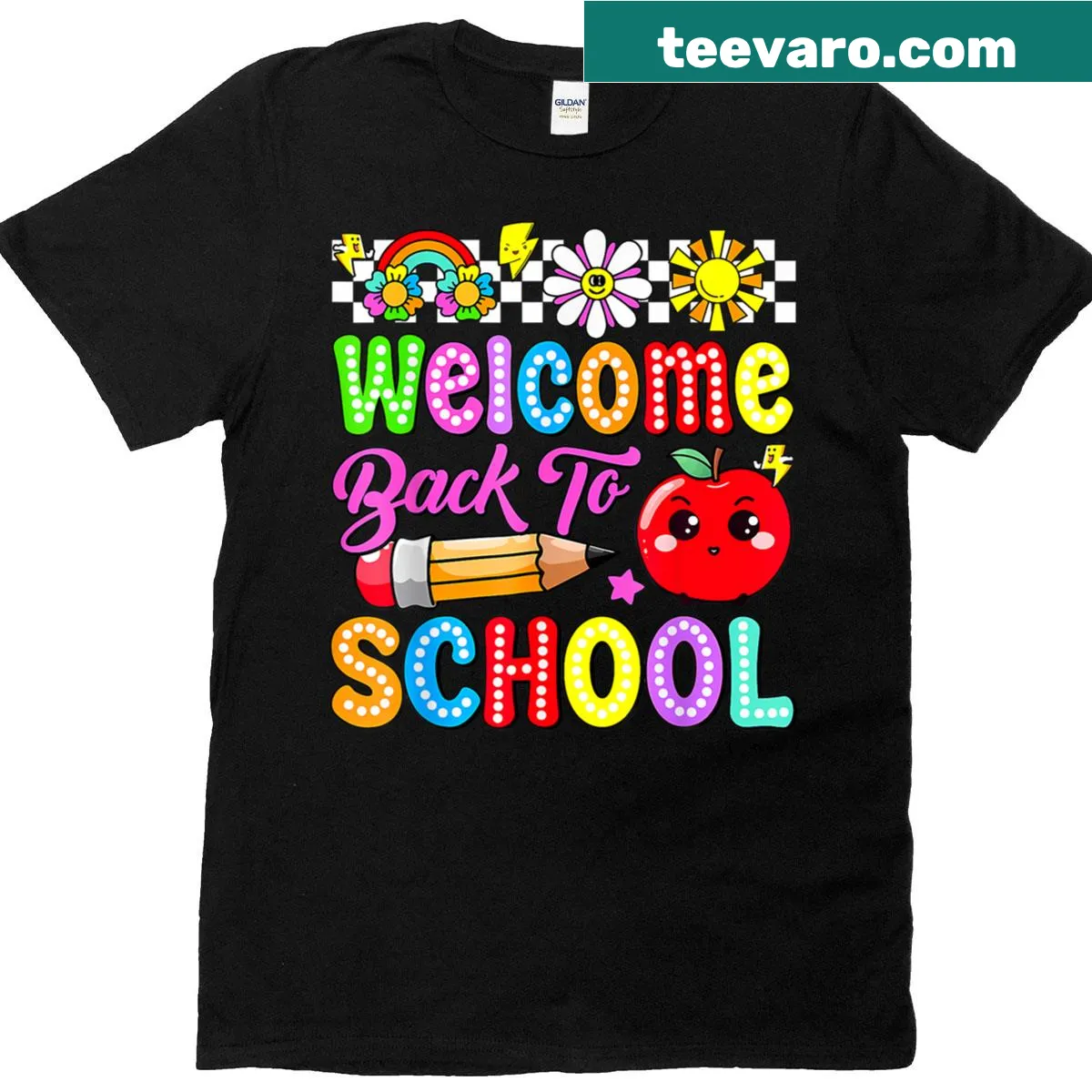 Playful typography shirt for teachers, celebrating back to school — on a men's t-shirt