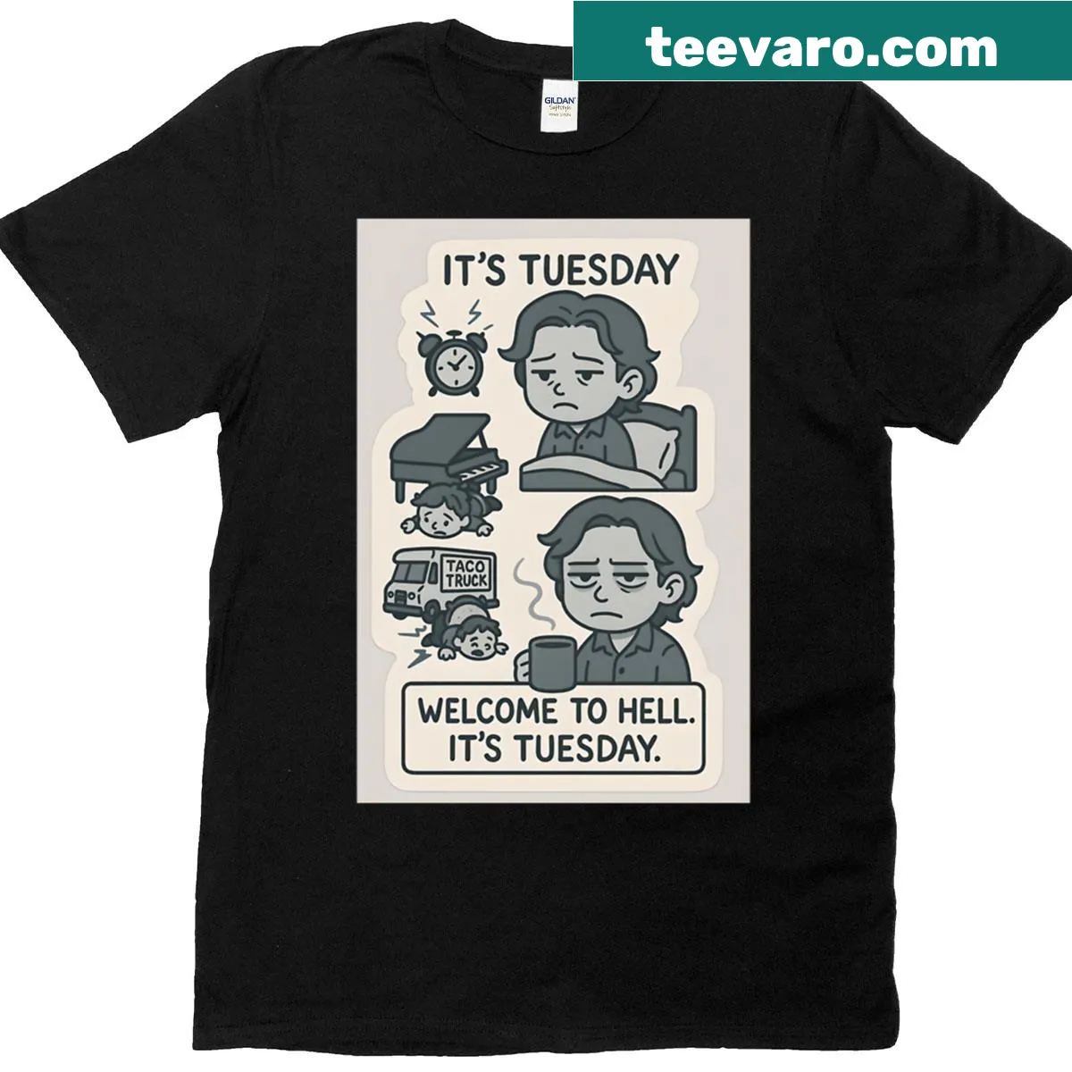 Oversized T-shirt with a pop-art graphic inspired by Sam Winchester's time loop. — on a men's t-shirt