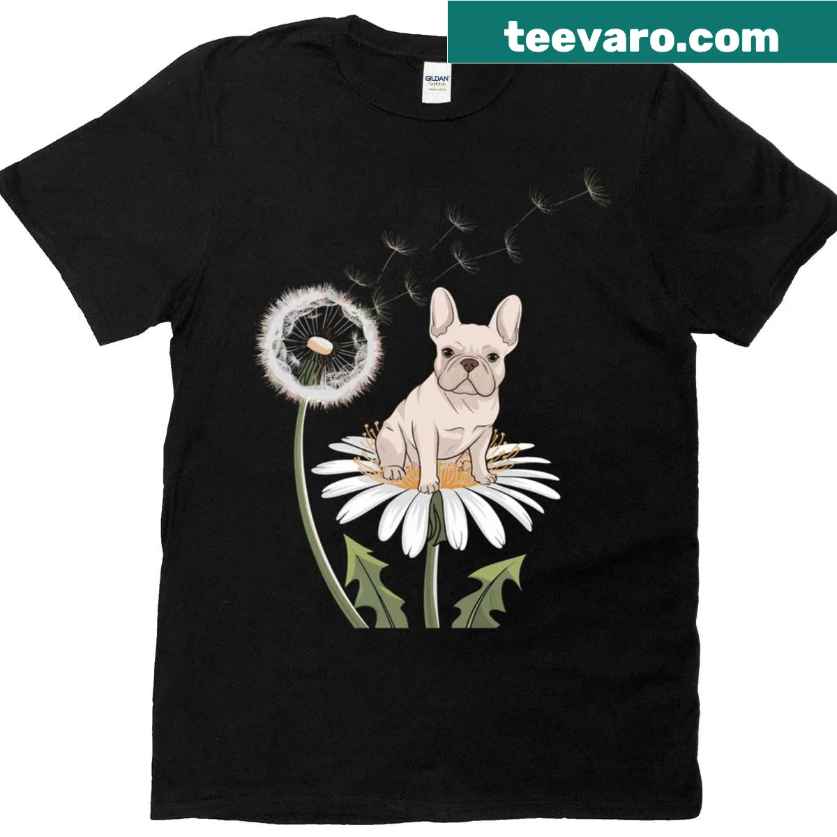 Whimsical dandelion and dog illustration on a T-shirt — on a men's t-shirt