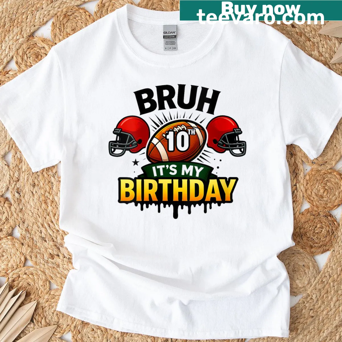 Playful T-shirt for kids celebrating 10th birthday with football theme — on a men's t-shirt