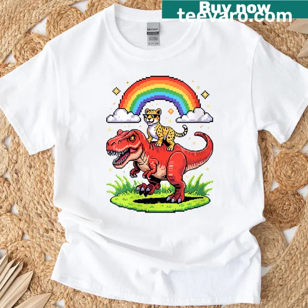 8-bit graphic T-shirt featuring a T-rex and a cheetah in pixel art style