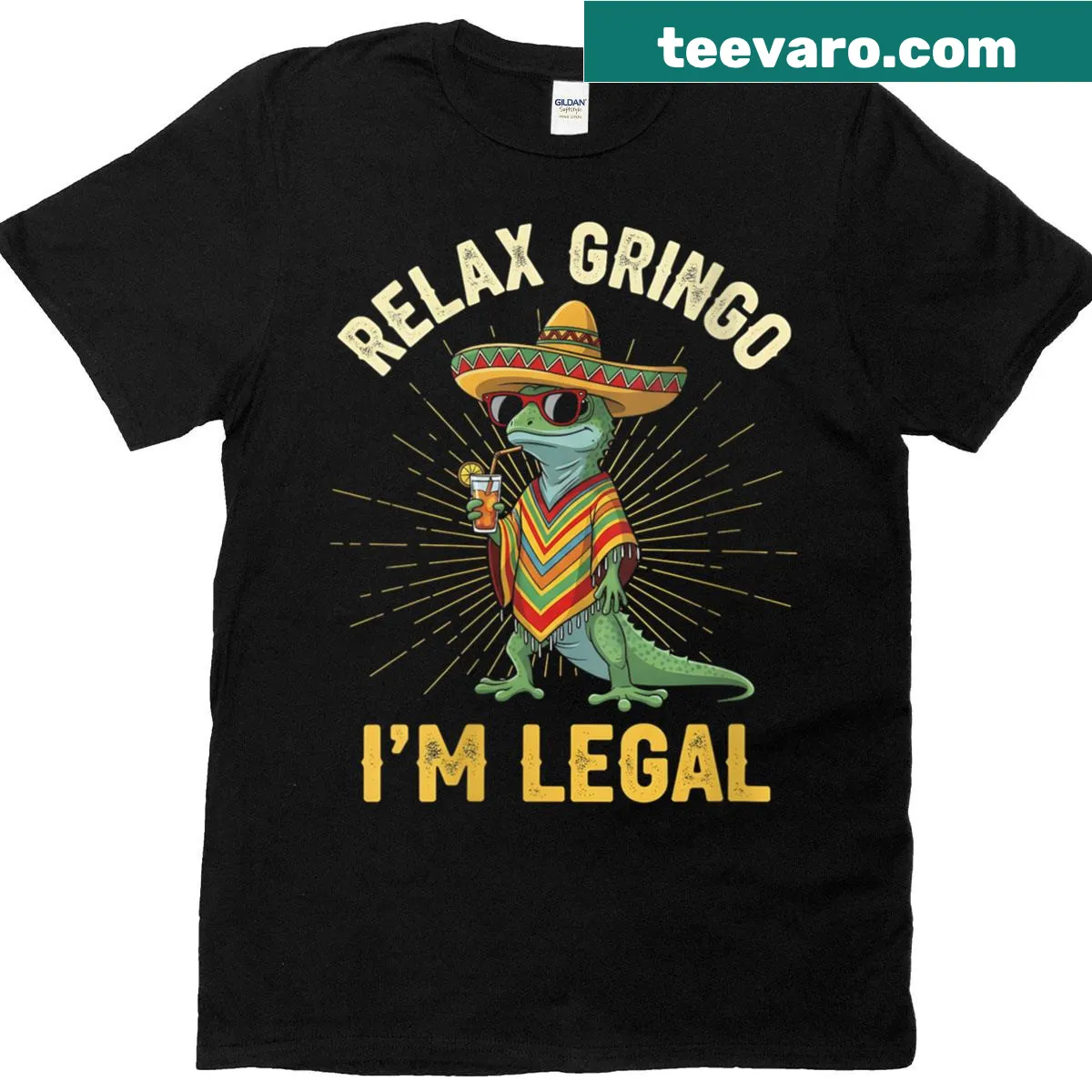 Funny t-shirt with 'Relax Gringo, I'm Legal' and lizard graphic — on a men's t-shirt