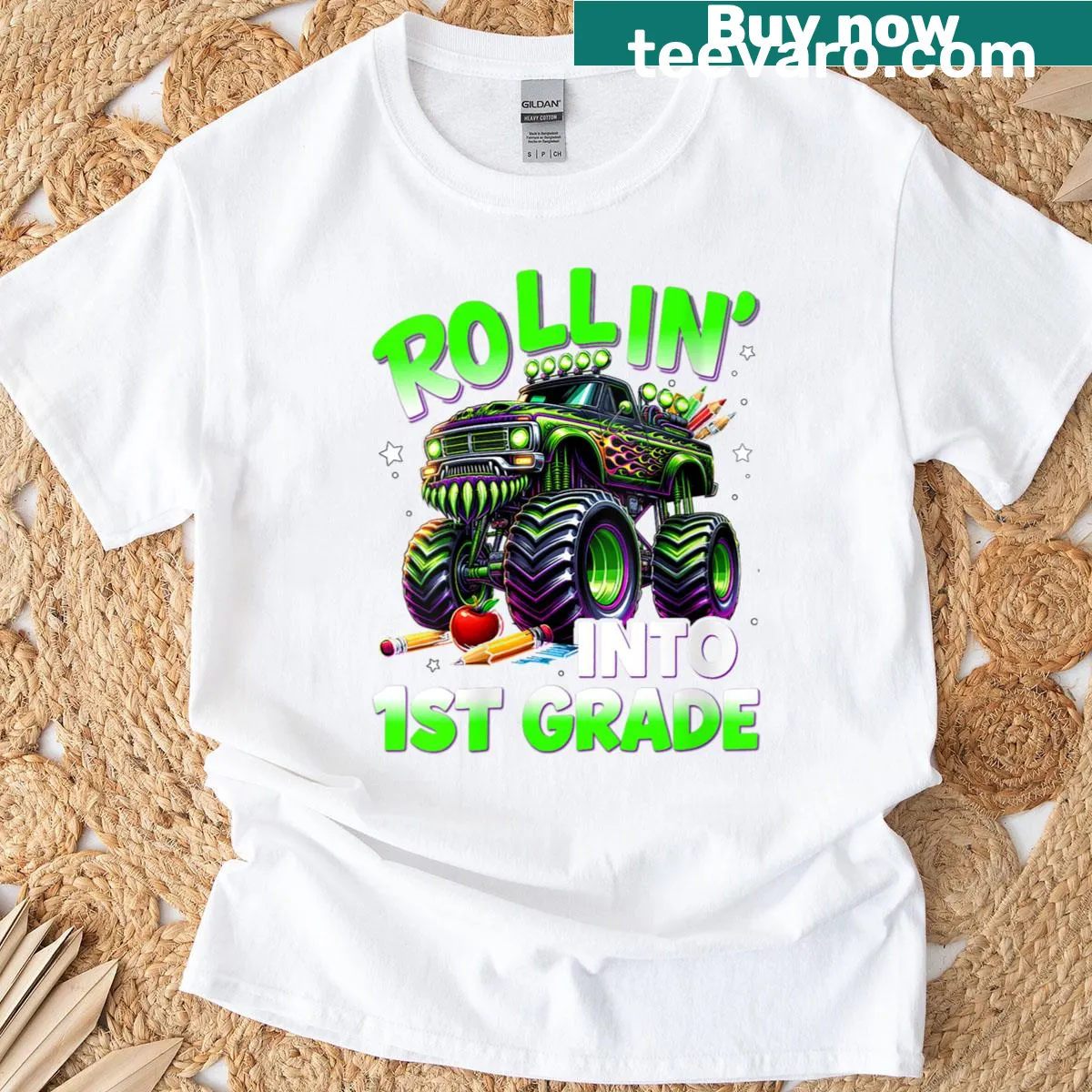 Cartoon monster truck back-to-school T-shirt for kids — on a men's t-shirt