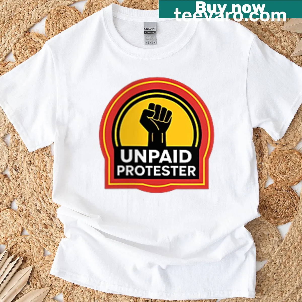 Unpaid Protester graphic T-shirt with front and back print — on a men's t-shirt