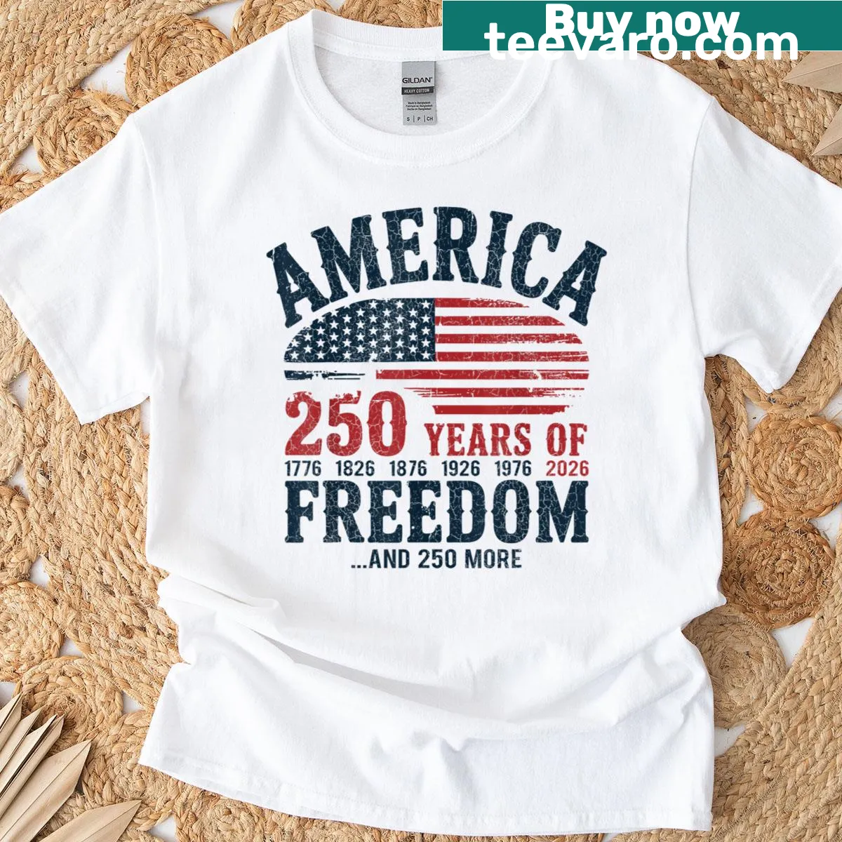 Distressed T-shirt featuring the USA flag and the text '250 Years Of Freedom' — on a men's t-shirt
