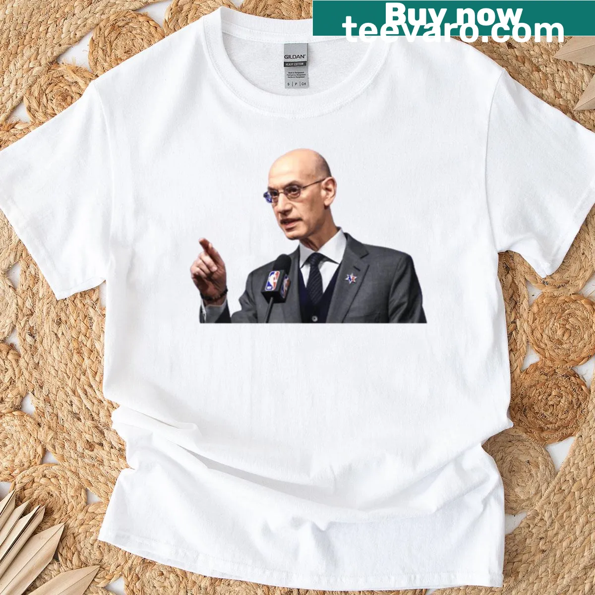 T-shirt featuring an Adam Silver sticker-inspired graphic — on a men's t-shirt