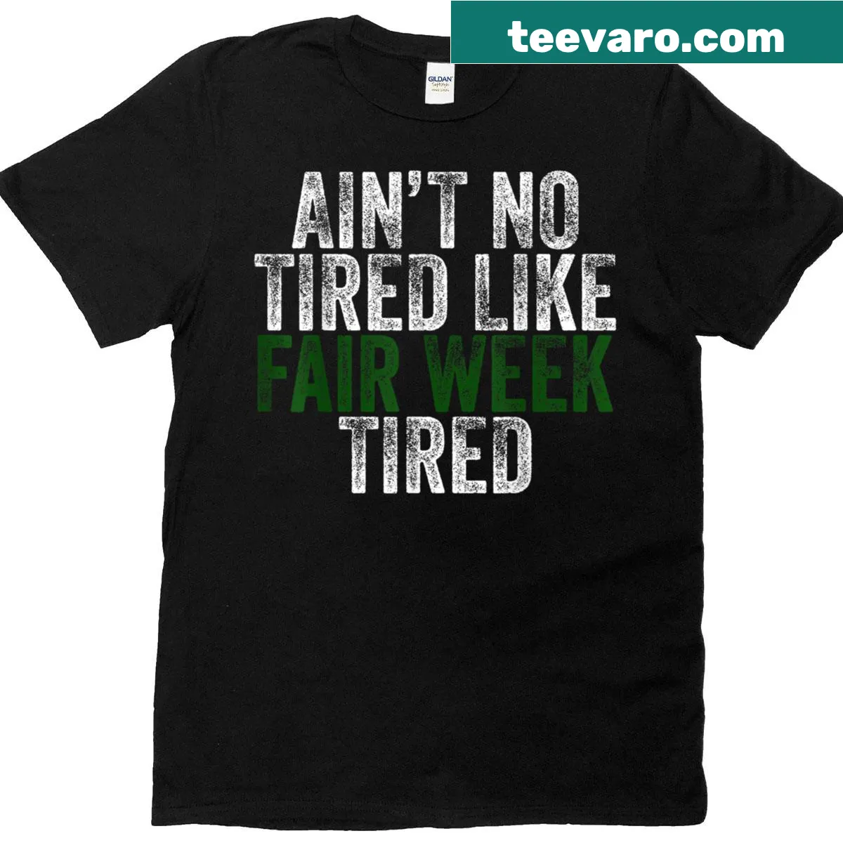 Funny T-shirt with text about fair week tiredness — on a men's t-shirt