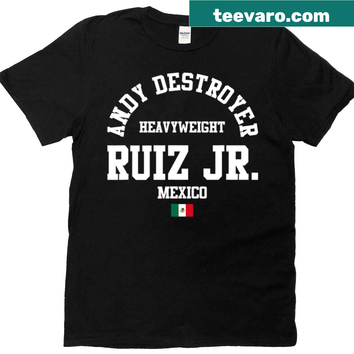 Illustrative heavyweight boxing t-shirt honoring Andy Ruiz Jr. with Mexican elements. — on a men's t-shirt