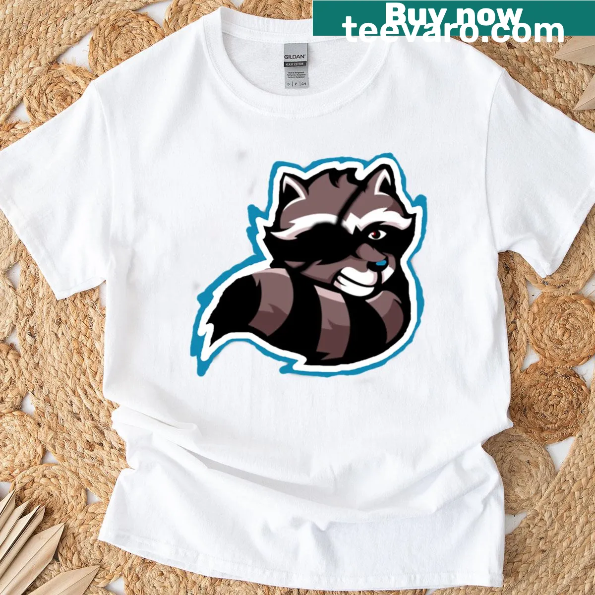 Aqua and white bandit logo t-shirt design — on a men's t-shirt