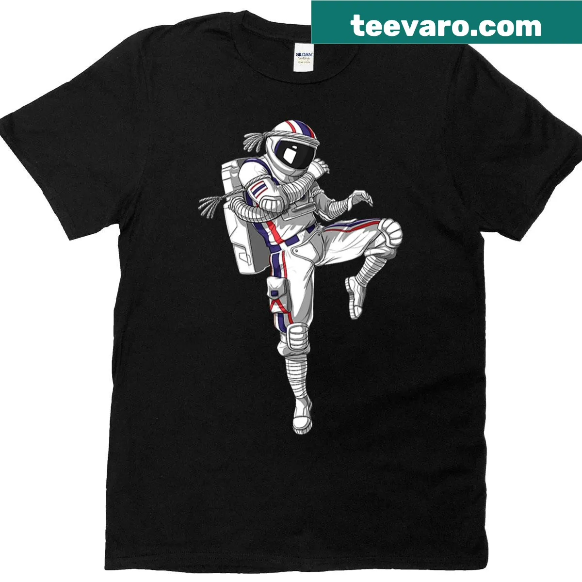 Astronaut performing martial arts in a dynamic boxing graphic — on a men's t-shirt