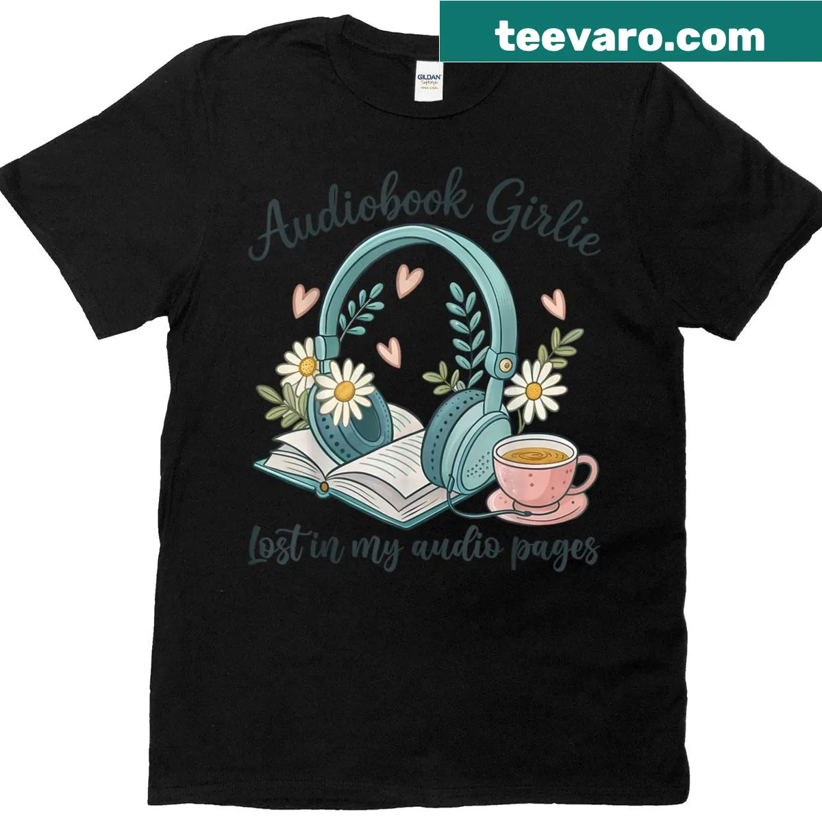 Cute audiobook and tea love graphic t-shirt for book lovers — on a men's t-shirt