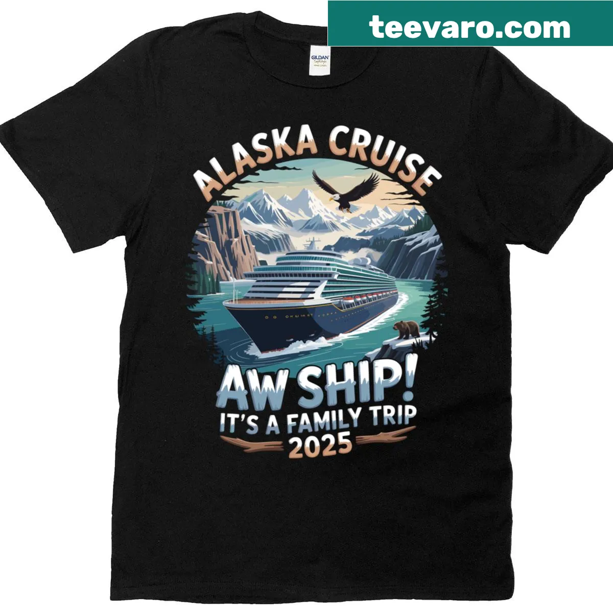 Fun family trip T-shirt with cruise and Alaska-themed illustrations — on a men's t-shirt