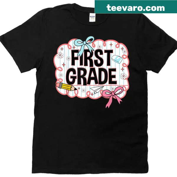 Cute teacher shirt with bow and Hello First Grade text