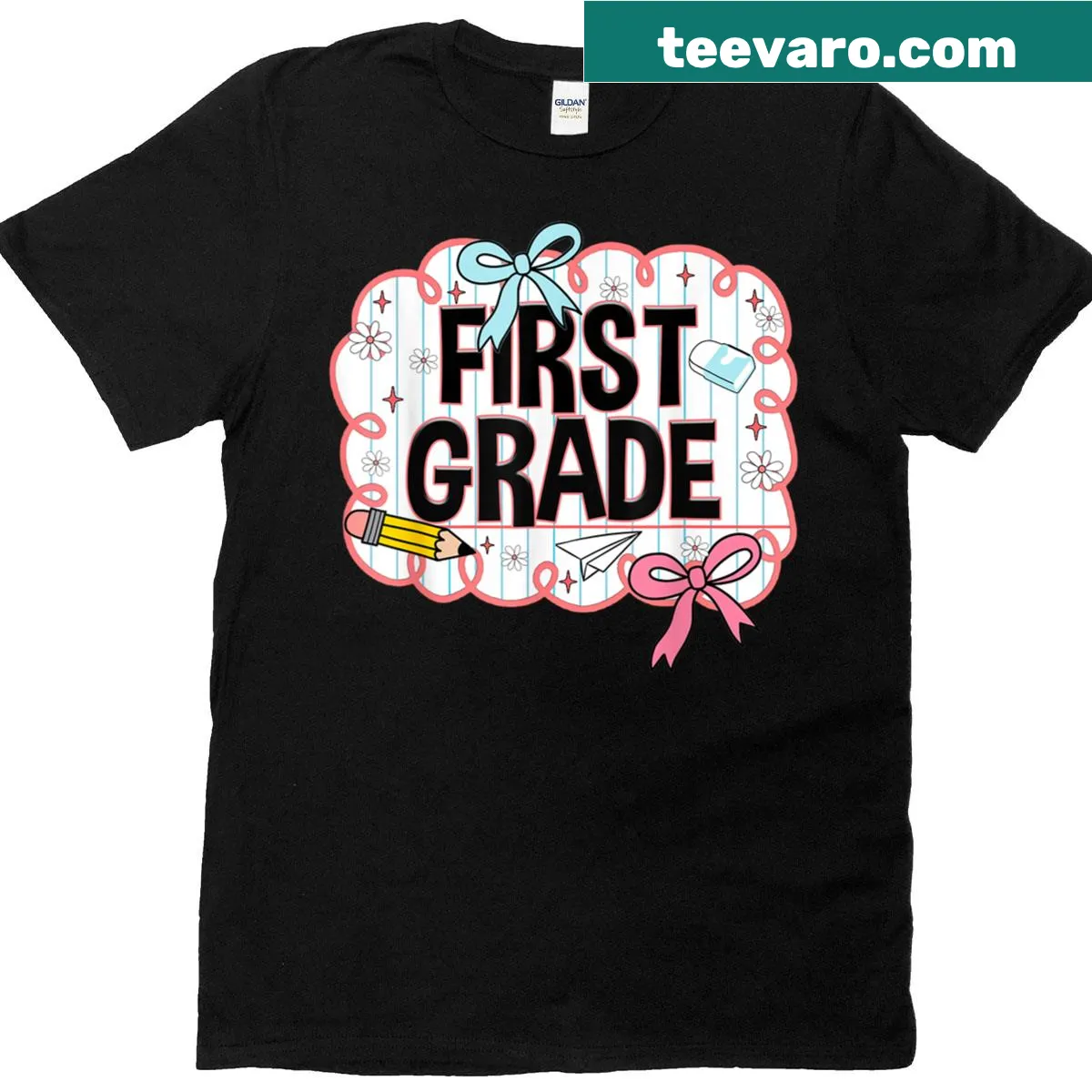 Cute teacher shirt with bow and Hello First Grade text — on a men's t-shirt