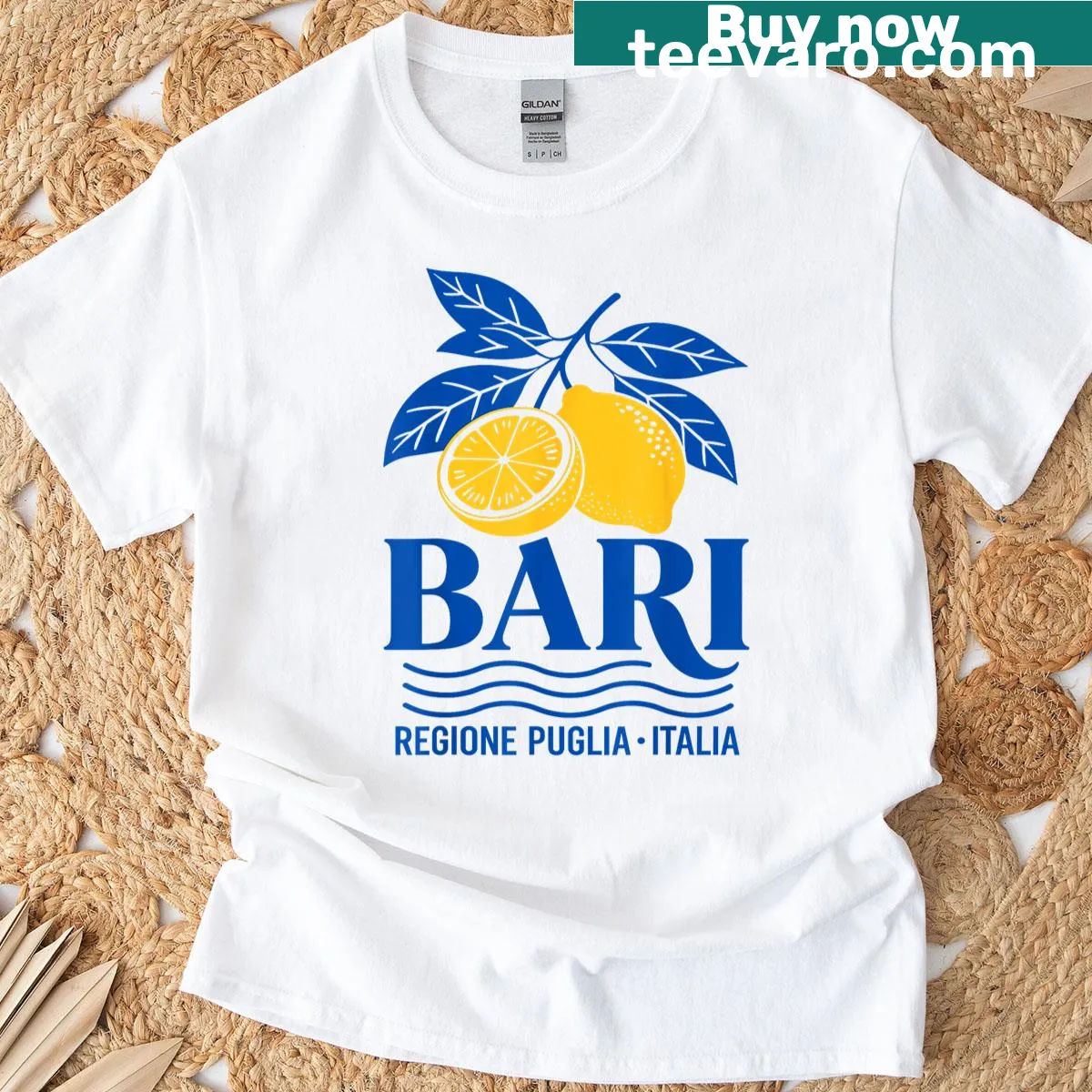 Vintage T-shirt featuring lemons and Italian text for Bari, Puglia — on a men's t-shirt