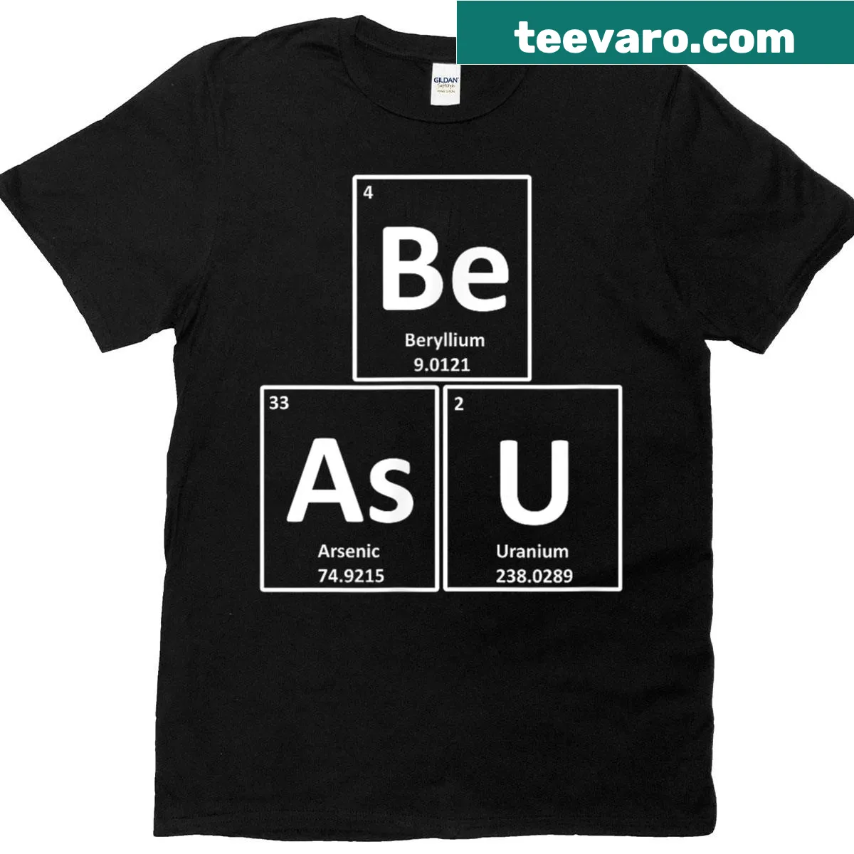 Funny chemistry T-shirt with 'Be As U' phrase and periodic table theme — on a men's t-shirt