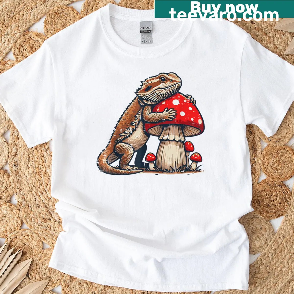 Cartoon bearded dragon with mushrooms on a t-shirt — on a men's t-shirt