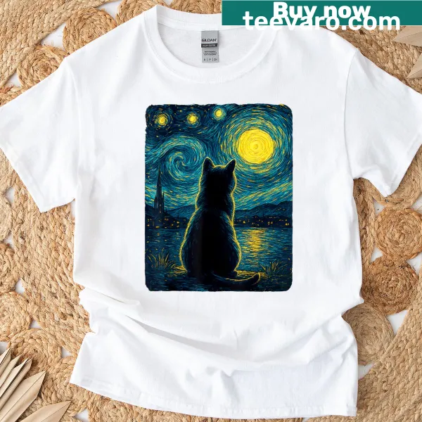 Whimsical illustration of black cats in a Starry Night design