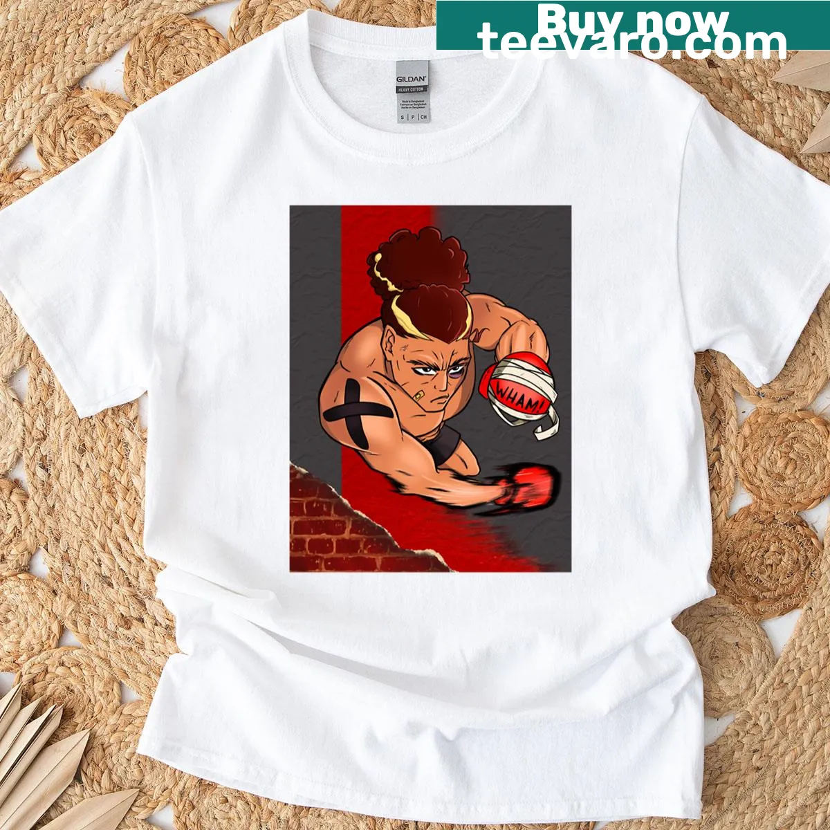Vintage-style t-shirt featuring boxing fight poster graphics — on a men's t-shirt