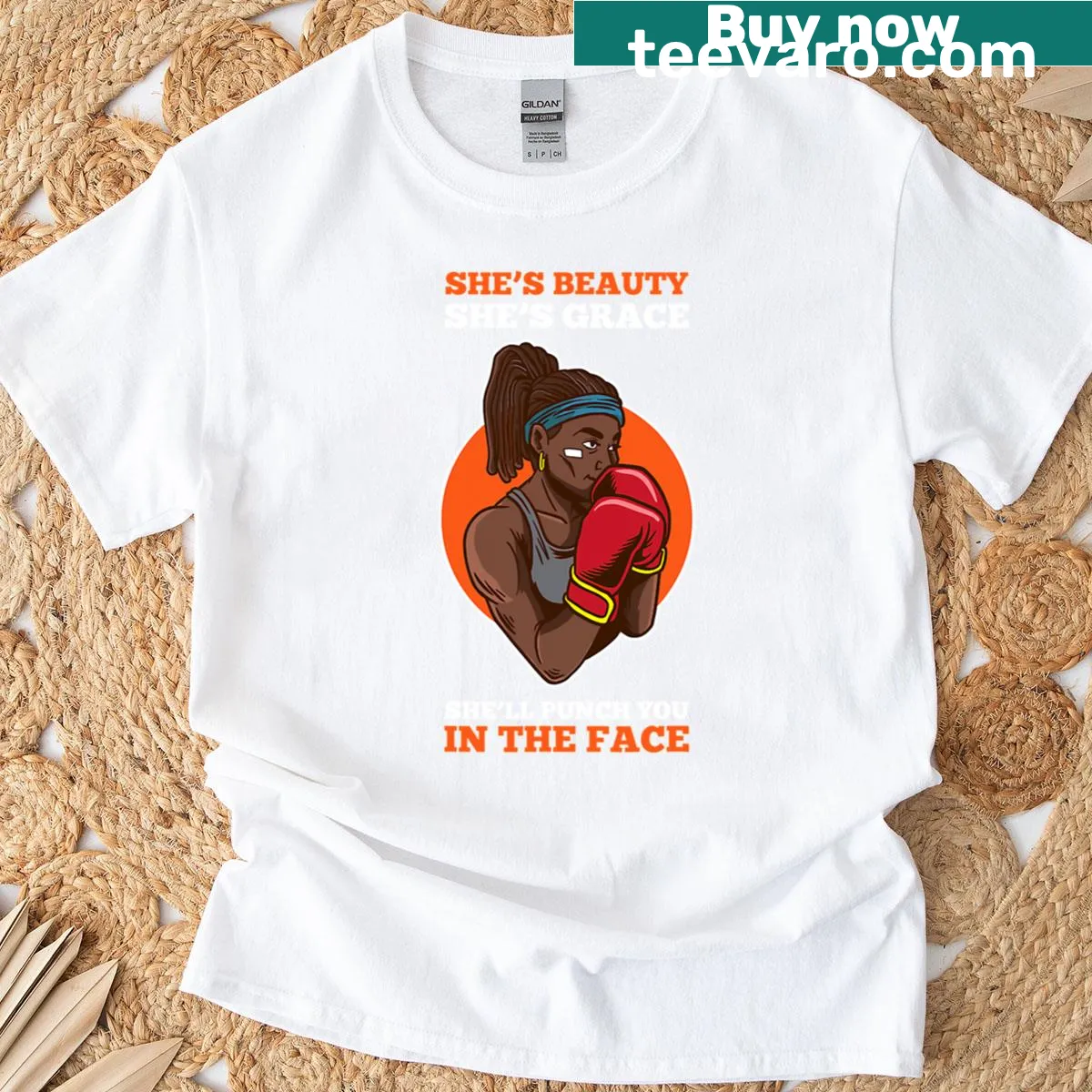 Edgy illustration tee featuring a female boxer training — on a men's t-shirt