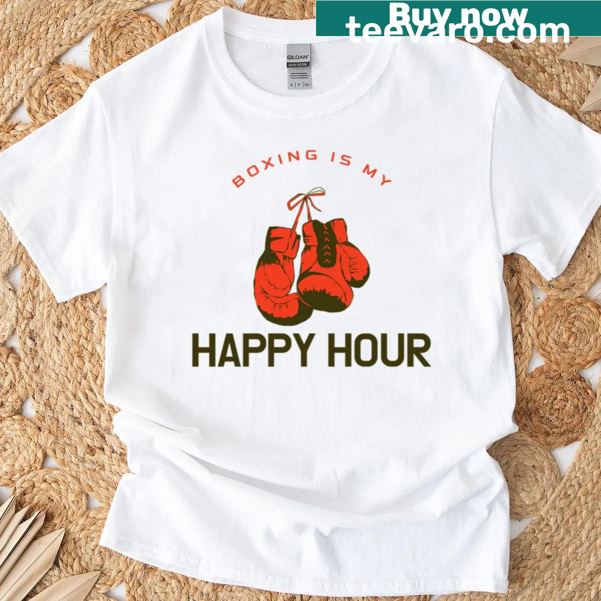 Boxing happy hour t-shirt with bold text across the chest — on a men's t-shirt