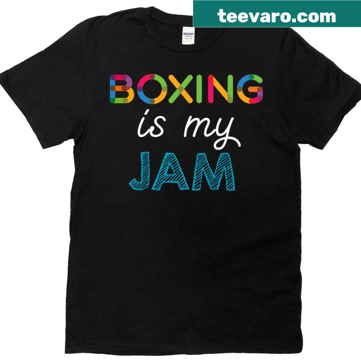 Funny T-shirt declaring boxing is my jam with playful design. — on a men's t-shirt
