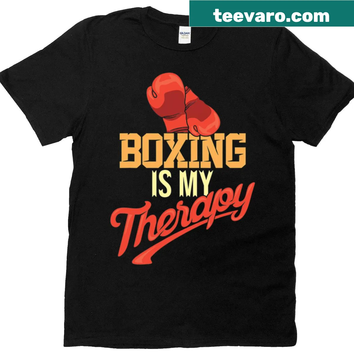 Vintage boxing t-shirt with distressed lettering saying Boxing Is My Therapy — on a men's t-shirt